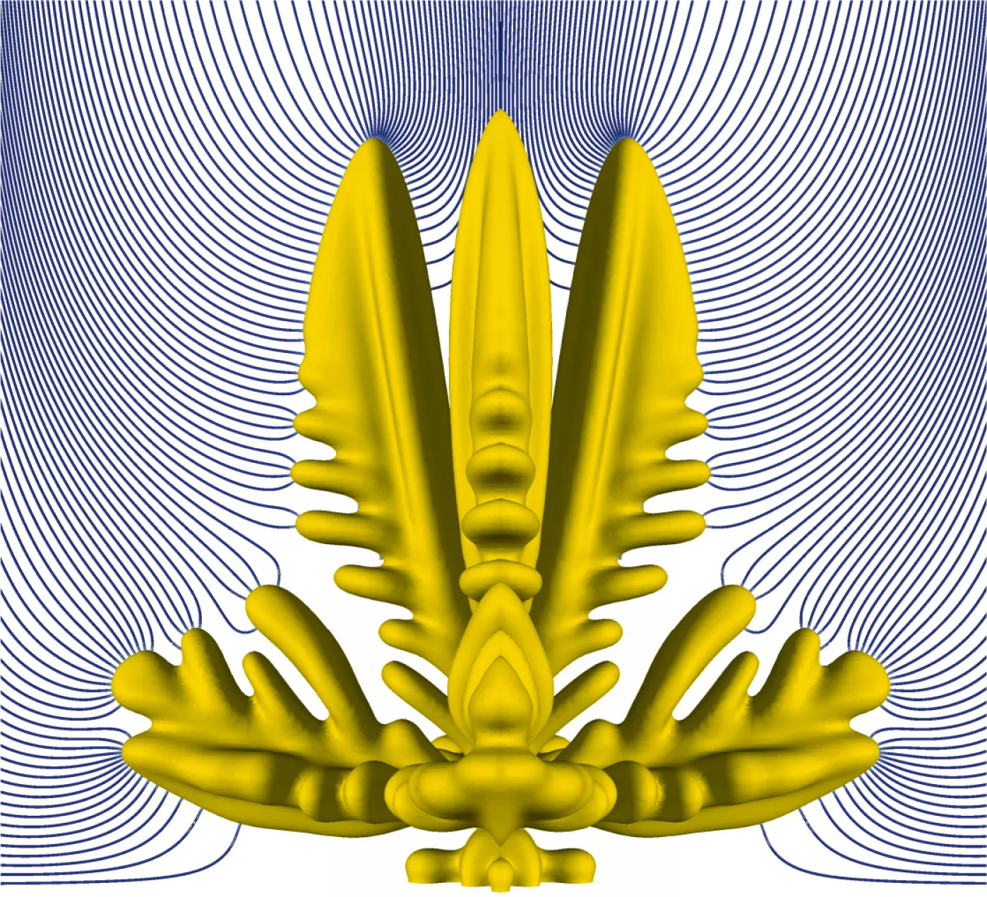 Three-dimensional lithium dendrite morphology with surrounding transport-field lines.